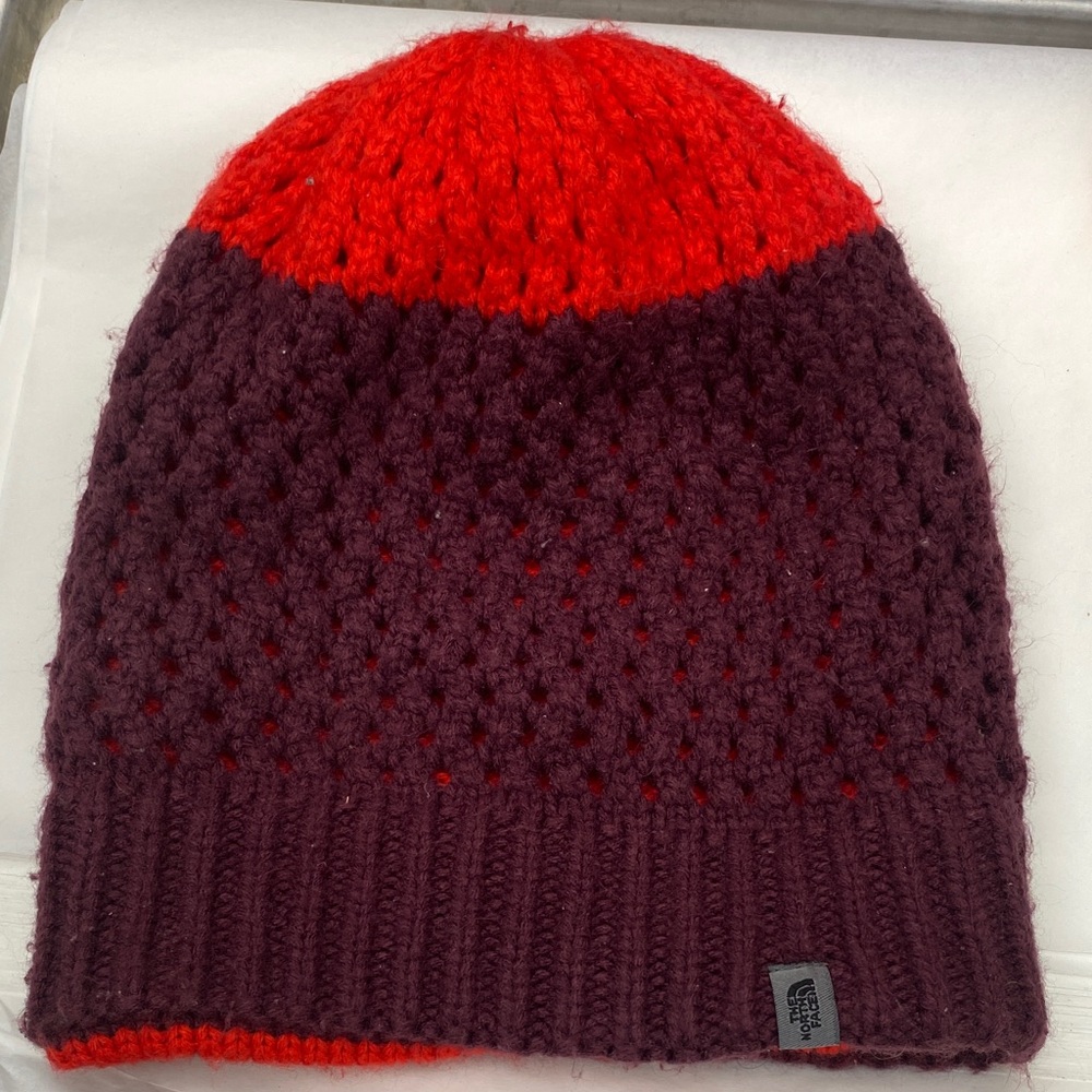 The North Face Red and Purple Knit Beanie